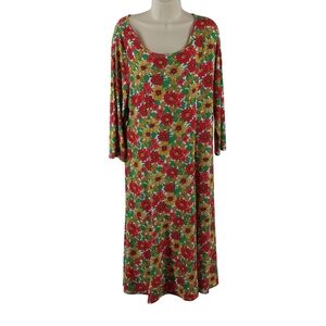 Nina Leonard Red and Green Floral Long Sleeve Dress